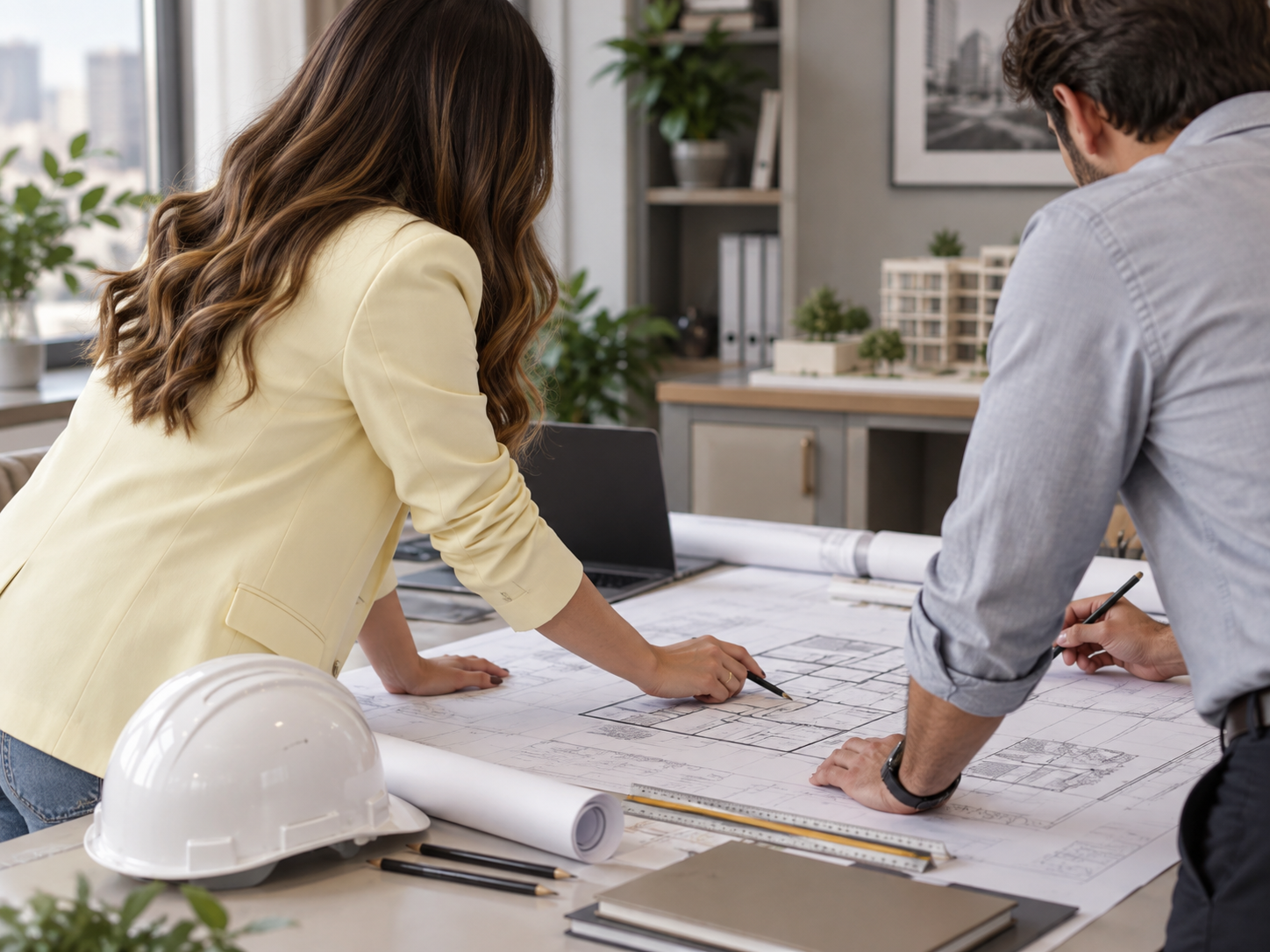 Arquiteto e engenheiro analisando projeto para decidir quem contratar para a obra